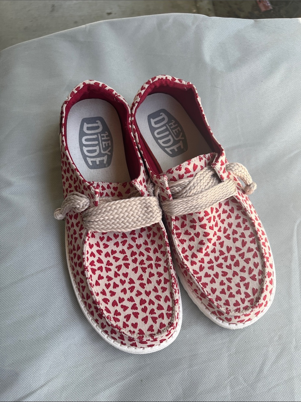 Hey Dude Cream Canvas Slip-Ons with Red Heart Print